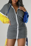 Grey Casual Patchwork Fold Contrast Zipper Hooded Collar Long Sleeve Dresses