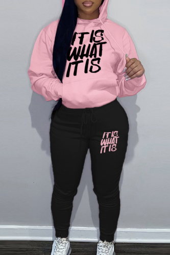 Pink Black Casual Letter Patchwork Draw String Pocket Hooded Collar Long Sleeve Two Pieces