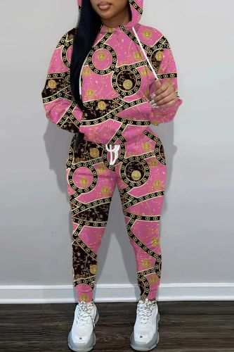 Pink Black Casual Print Basic Hooded Collar Long Sleeve Two Pieces