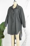 Black Gray Casual Solid Patchwork Asymmetrical Shirt Collar Long Sleeve Regular Denim Dresses