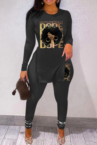 Black Gold Casual Print Slit V Neck Long Sleeve Two Pieces