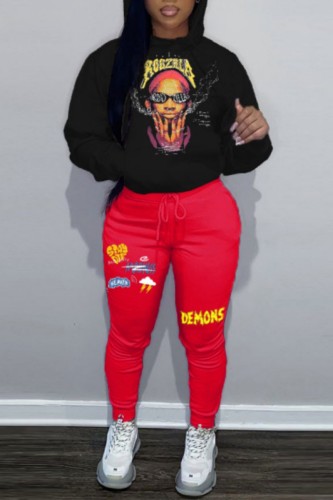 Black Red Casual Print Basic Hooded Collar Long Sleeve Two Pieces