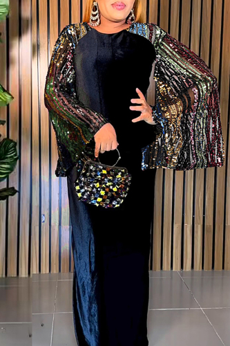 Black Elegant Solid Sequins Patchwork Zipper O Neck Long Dress Plus Size Dresses