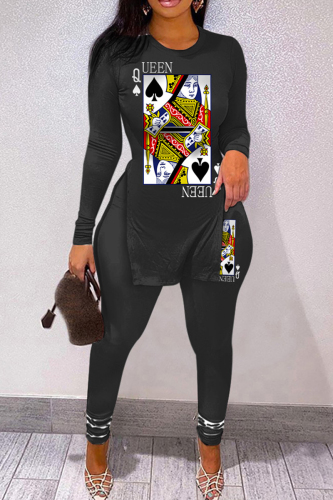 Black White Casual Print Slit V Neck Long Sleeve Two Pieces
