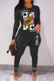 Black Casual Print Slit V Neck Long Sleeve Two Pieces
