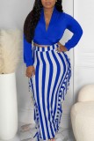 Deep Blue Casual Striped Frenulum V Neck Long Sleeve Two Pieces