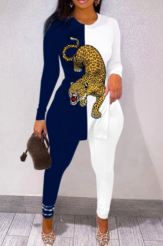 Blue White Casual Print Slit V Neck Long Sleeve Two Pieces