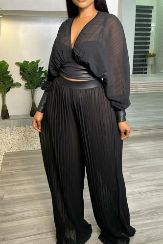 Black Casual Solid Patchwork Pleated V Neck Plus Size Two Pieces