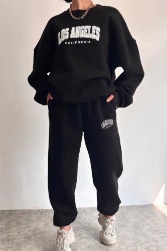 Black Casual Letter Print Basic O Neck Long Sleeve Two Pieces