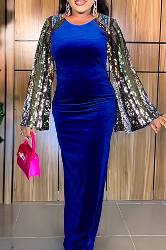 Colorful Blue Elegant Solid Sequins Patchwork Zipper O Neck Long Dress Plus Size Dresses