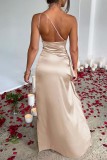 Champagne Sexy Solid Backless Slit Oblique Collar Long Dress Dresses