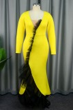 Yellow Casual Solid Patchwork V Neck Long Dress Dresses