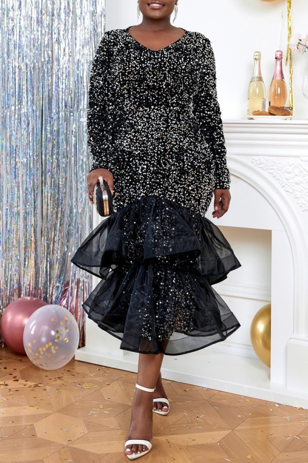 Black Casual Patchwork Sequins V Neck Long Dress Plus Size Dresses