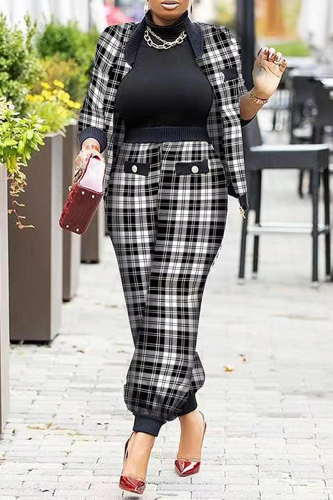 Black White Casual Print Patchwork Mandarin Collar Plus Size Two Pieces