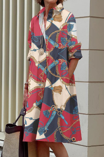 Red Blue Casual Print Patchwork Buckle Shirt Collar Straight Dresses