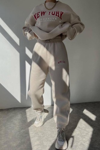 Apricot Pink Casual Letter Print Basic O Neck Long Sleeve Two Pieces