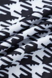Black White Casual Print Patchwork Mandarin Collar Plus Size Two Pieces