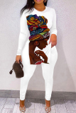 White Casual Print Slit V Neck Long Sleeve Two Pieces