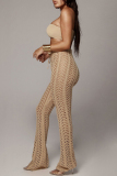 Camel Celebrities Solid Hollowed Out Patchwork Straight High Waist Straight Solid Color Bottoms