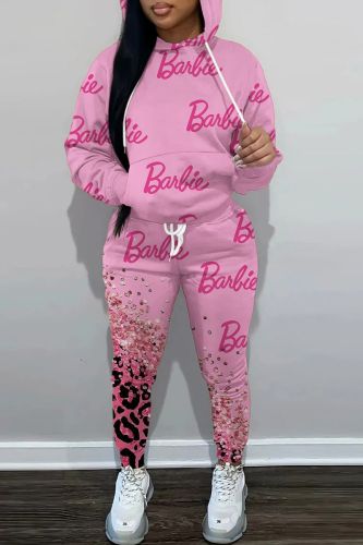 Pink Casual Print Basic Hooded Collar Long Sleeve Two Pieces