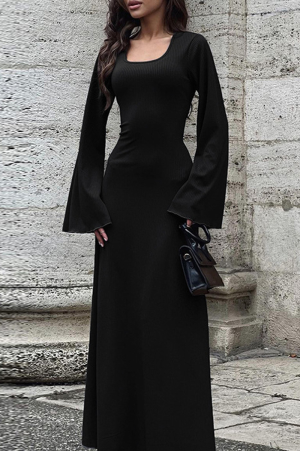 Black Elegant Solid Frenulum U Neck One Step Skirt Dresses