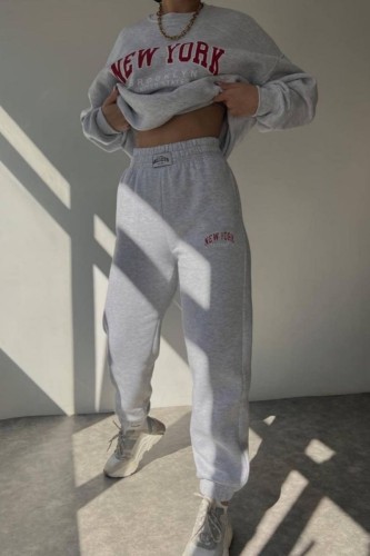 Grey Casual Letter Print Basic O Neck Long Sleeve Two Pieces