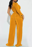 Yellow Sexy Street Solid Patchwork One Shoulder Long Sleeve Two Pieces