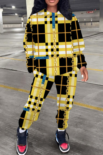 Black Yellow Casual Print Basic O Neck Long Sleeve Two Pieces