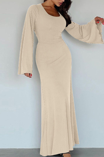 Apricot Elegant Solid Frenulum U Neck One Step Skirt Dresses