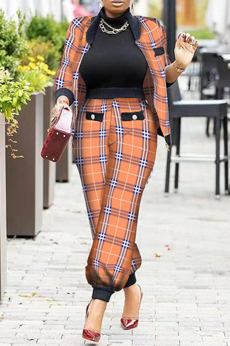 Tangerine Red Casual Print Patchwork Mandarin Collar Plus Size Two Pieces