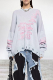 Grey Casual Color Block Ripped Contrast O Neck Tops