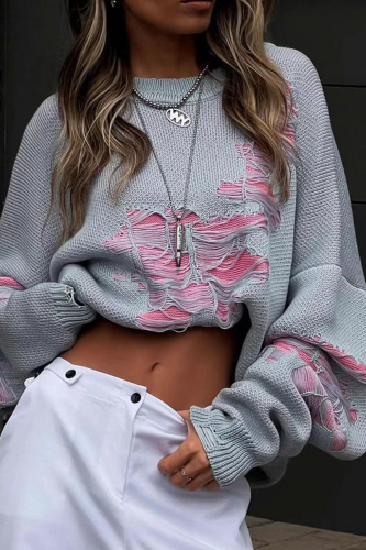 Grey Casual Color Block Ripped Contrast O Neck Tops