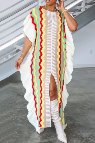 Light Green Rose Red Bohemian Zigzag Striped Maxi Knit Dress Flutter Sleeve Casual Vacation Wear Straight Loose Sweater Dress