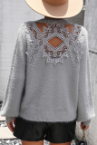 Grey Elegant Solid Lace Hollowed Out O Neck Tops