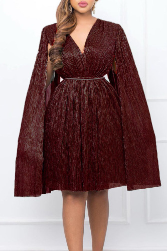 Red Elegant Solid Patchwork Mesh Reflective V Neck A Line Dresses(With Belt)