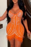 Orange Sexy Patchwork Hot Drilling Feathers Backless Spaghetti Strap Wrapped Skirt Dresses