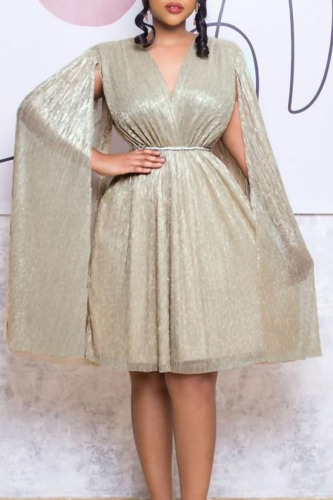Cream White Elegant Solid Patchwork Mesh Reflective V Neck A Line Dresses(With Belt)