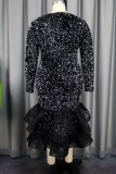 Black Casual Patchwork Sequins V Neck Long Dress Plus Size Dresses