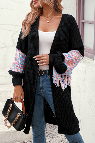 Black Sweet Elegant Color Block Tassel Weave V Neck Outerwear