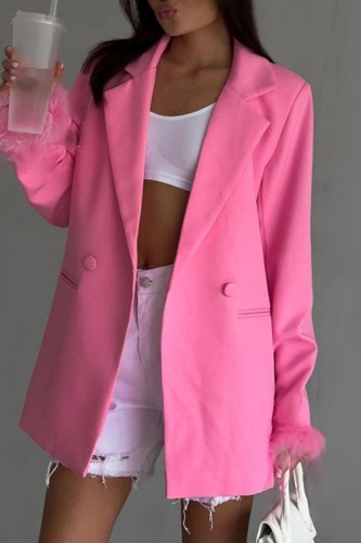 Rose Red Casual Solid Patchwork Buttons Turn-back Collar Outerwear