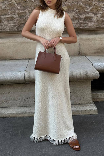 White Casual Solid Tassel Make Old O Neck Sleeveless Dress Dresses