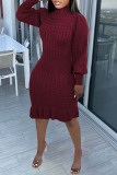 Green Casual Solid Basic Turtleneck Long Sleeve Dresses