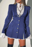 Blue Elegant Solid Patchwork Asymmetrical Collar A Line Dresses
