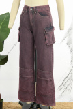 Pink Casual Patchwork Basic Mid Waist Straight Denim Jeans