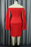 Red Casual Solid Patchwork Off the Shoulder Wrapped Skirt Dresses