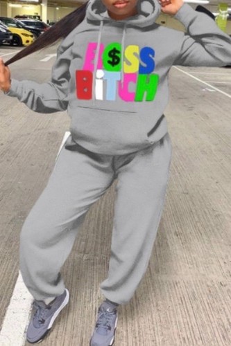 Grey Casual Letter Print Basic Hooded Collar Long Sleeve Two Pieces