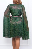 Green Elegant Solid Patchwork Mesh Reflective V Neck A Line Dresses(With Belt)