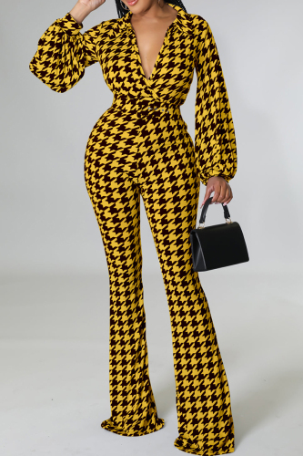 Yellow Elegant Print Patchwork With Belt V Neck Regular Jumpsuits（No Belt）