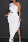 Red Sexy Solid Patchwork High Opening Flounce One Shoulder Long Dress Dresses