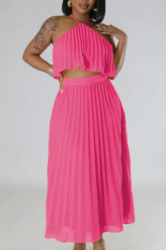 Rose Red Yellow Sleeveless Halter Crop Top and Pleated Flowying Maxi Skirt Vacation Outings Two Piece Dress Set